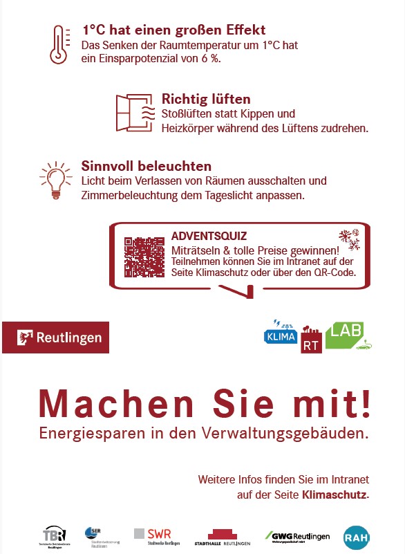 Energiespar-Plakat mit drei Energiespartipps und der Einladung zum Adventsquiz im Intranet der Stadtverwaltung Reutlingen.