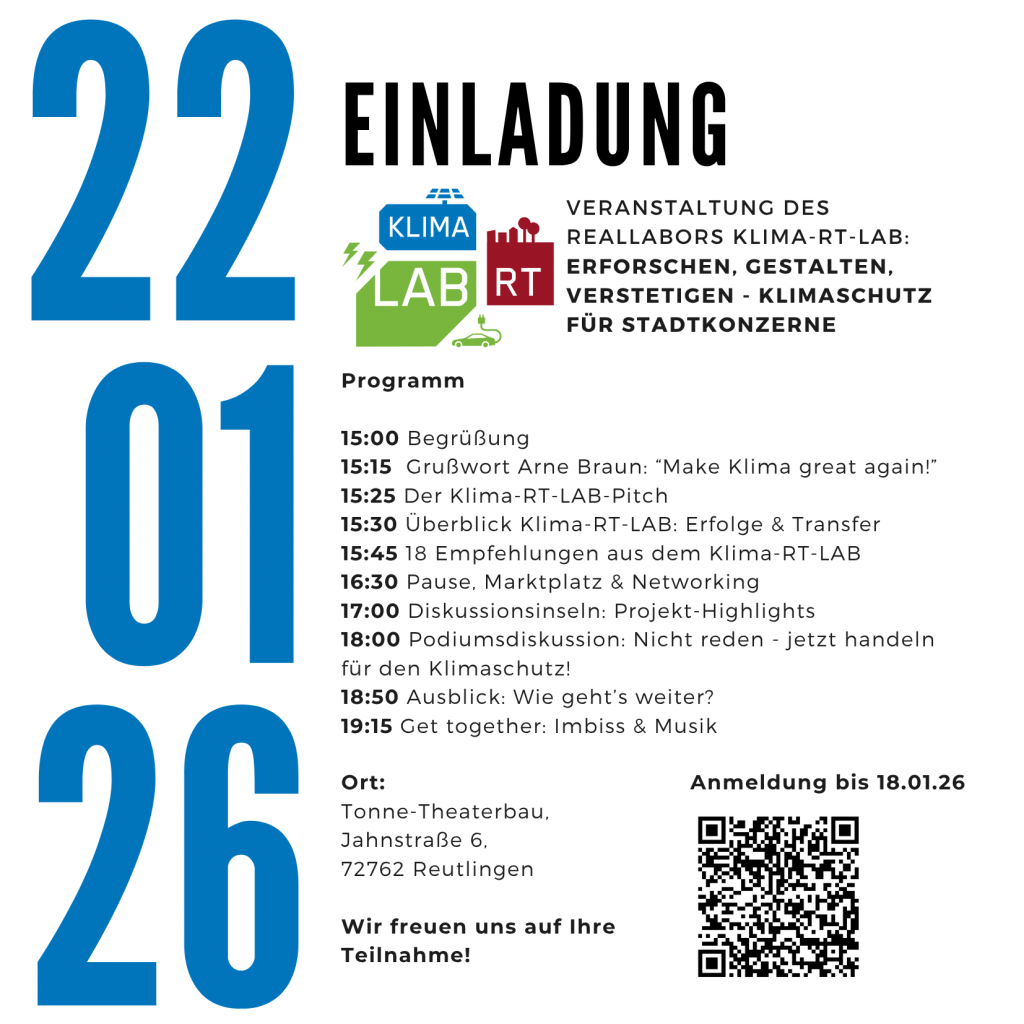 Digitaler Flyer für die Veranstaltung des Klima-RT-LAbs am 22.1.26 inkl. Programm, QR-Code zur Anmeldung und Veranstaltungsort.