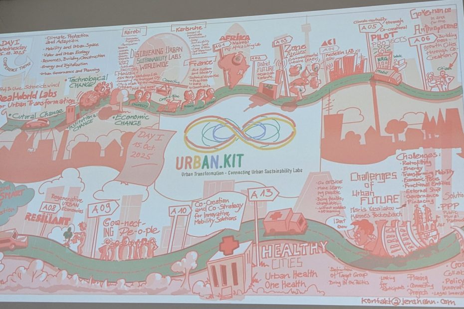 Rot-grünes Graphic-Recording Bild des ersten Konferenztages der "Urban Transformation 2025"-Konferenz in Karlsruhe. Viele kleine rote Zeichnungen bilden zusammen die Beiträge des Tages ab.